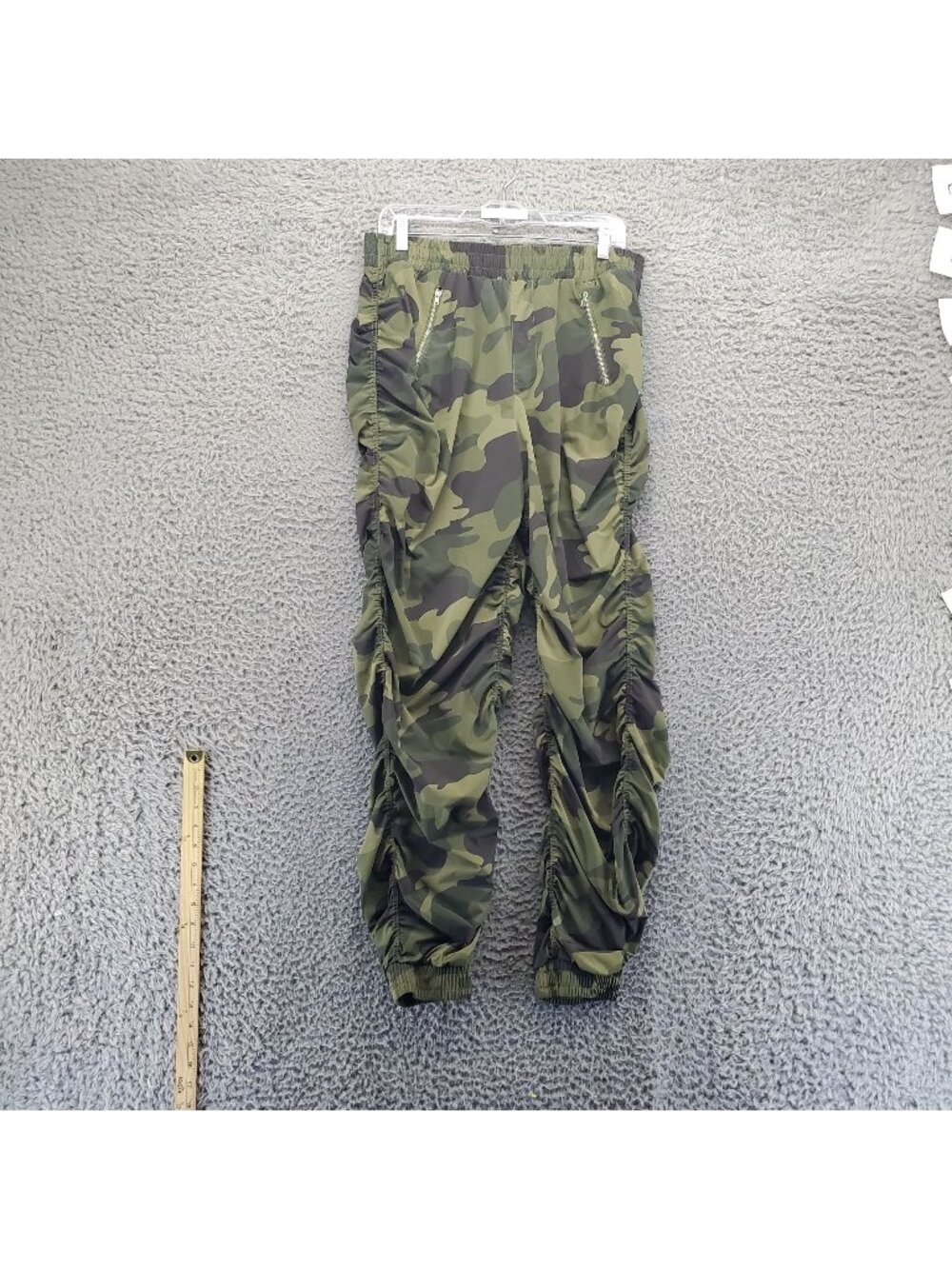 Almost Famous Pants Womens Large Green Camo Ruched Drawstring Joggers Polyester